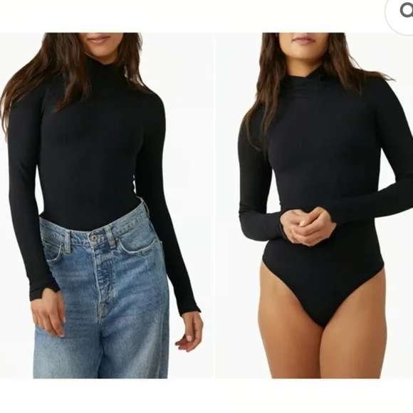 Free People XYZ Recycled Ribbed V Mock Turtleneck Bodysuit in Black sz XS/SML - Picture 4 of 7